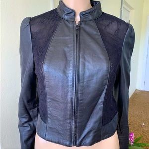 Bebe cropped fitted black leather lace jacket Sz S